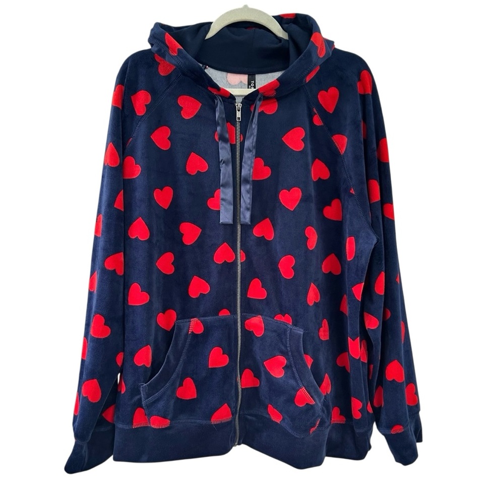 TORRID Sleep Navy Blue + Red Heart Full Zip Velour Hoodie Top 3